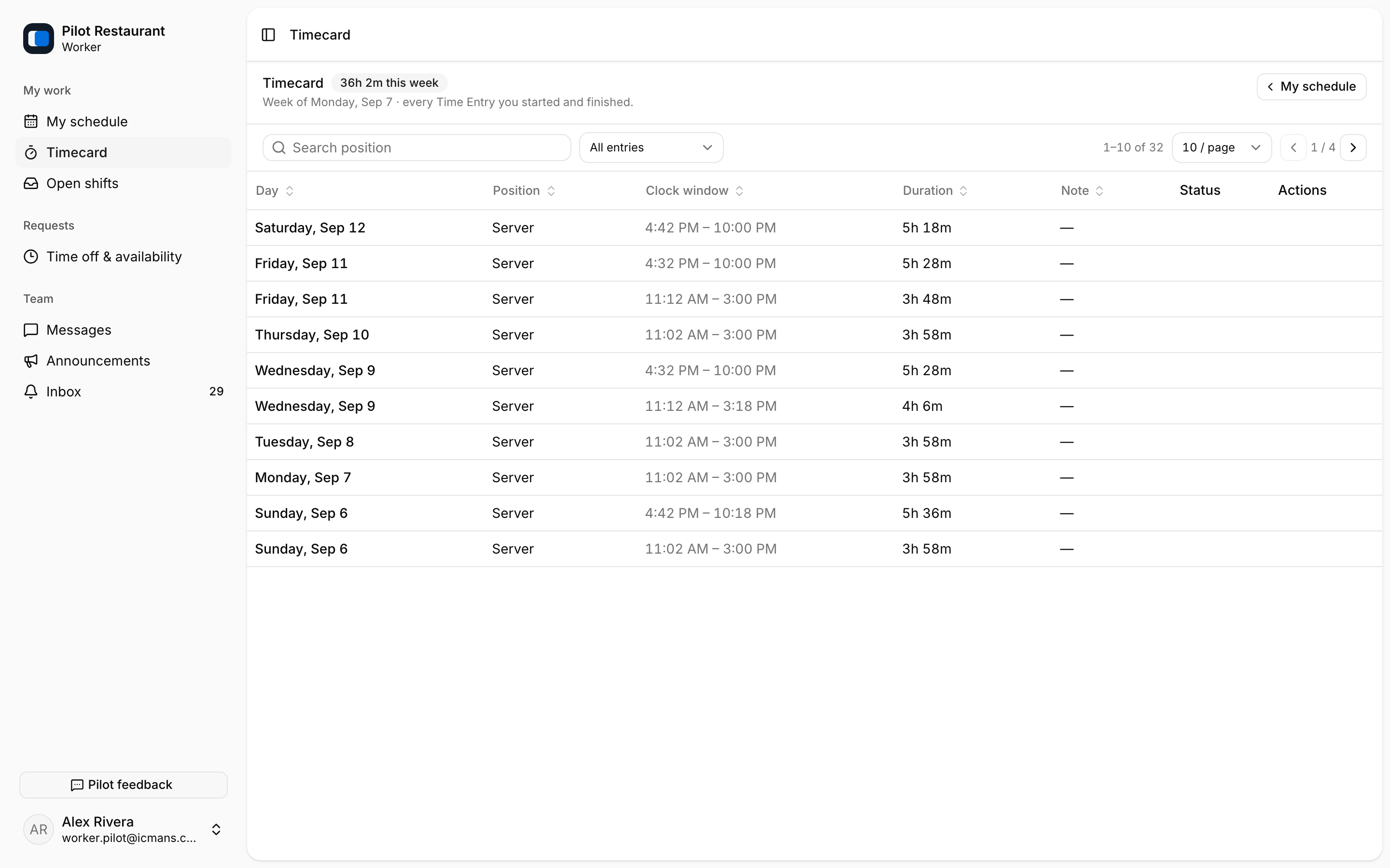 Timecard with completed entries